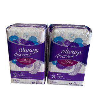 Always Discreet Pads Level 3 Very Light Long Length 30 Count Lot Of 2